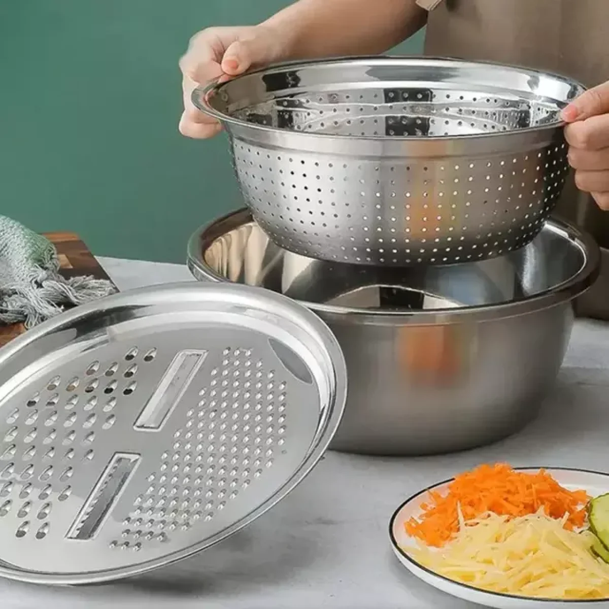 3 in 1 Stainless Steel Drain Basket Vegetable Cutter